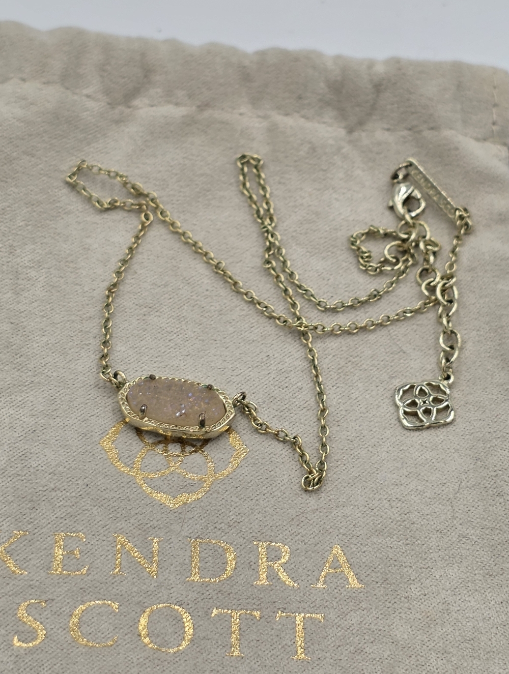 Kendra Scott Elisa Gold Pendant‎ Necklace Drusy Stone Oval Dainty Adjustable